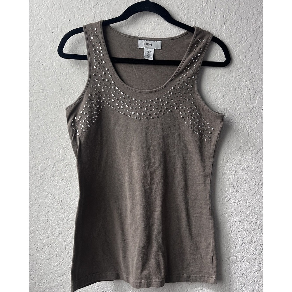 Vintage 2000s/ Y2K Woman's Grey/Green Studded Tank Top Metallic Summer (Small)